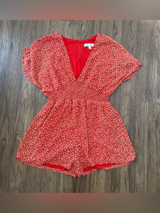 She + Sky Pants - She + Sky Red Ditsy Floral Smocked Waist V-Neck Romper Size L